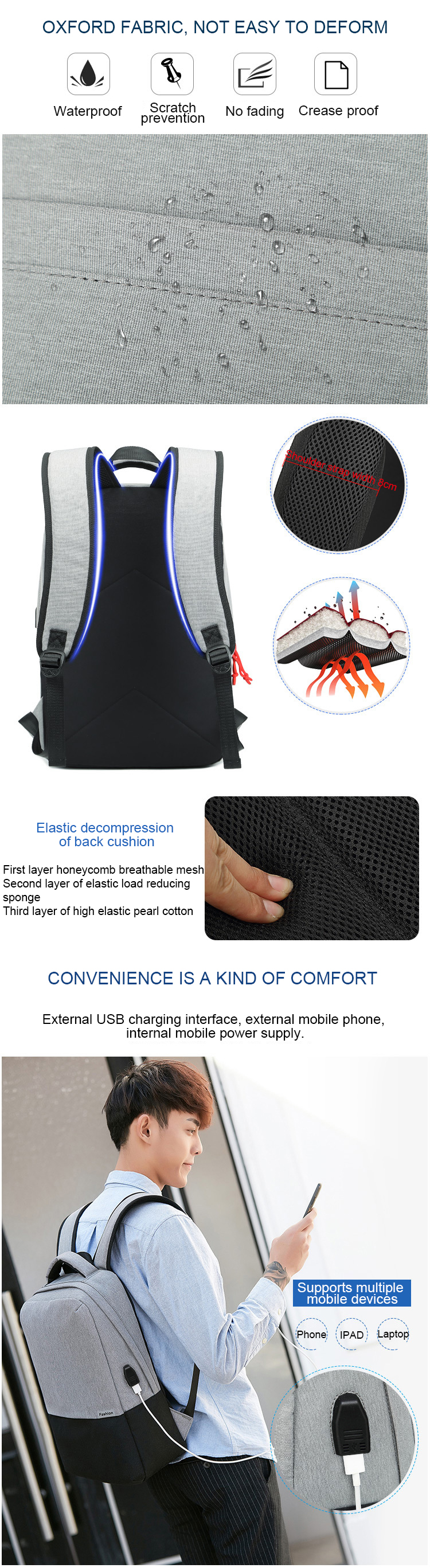 ISO9001 15L Oxford Waterproof School Computer Bag With USB