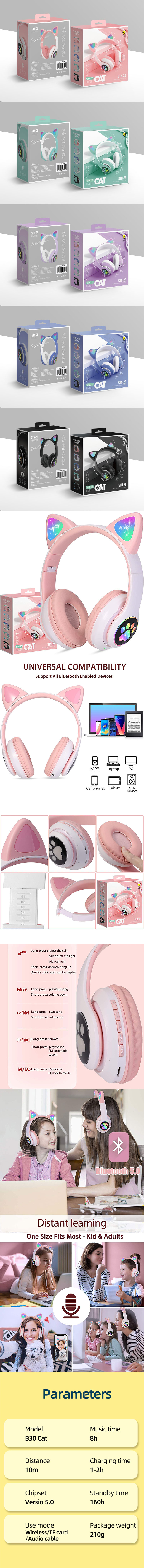Hot Sale Cat Ear B39 Wireless Headphone With LED Light Wireless Earphone Support TF Card Gaming Headset For Children