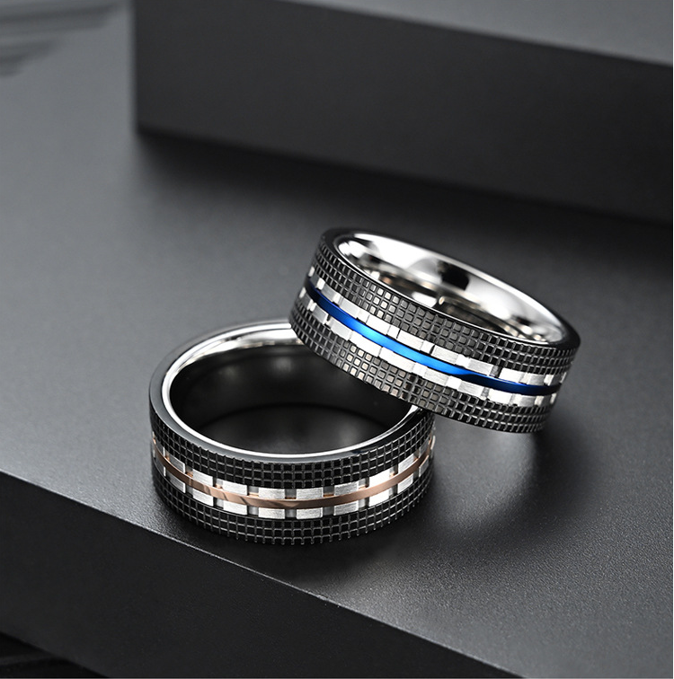 Face Width 8MM Stainless Steel Men's Ring Blue And Rose Gold Fashion Jewelry Ring