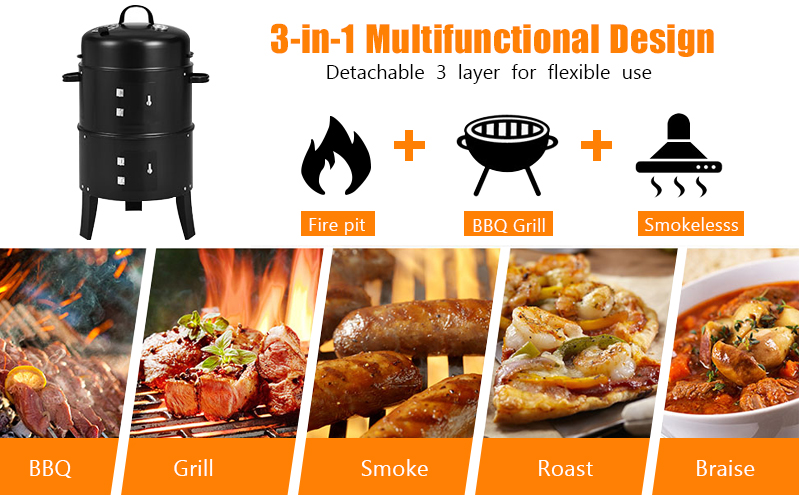Metal Type Cold Rolled Steel 3 in 1 Portable BBQ Smoke Stove Charcoal Grill Machine