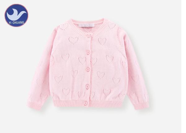 Heart Holes Knitting Girls Pink Cardigan Sweater , Cotton Girls Long Sweater