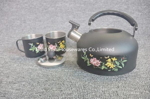 Travel kettle black color whistle kettles with two small cups stainless steel