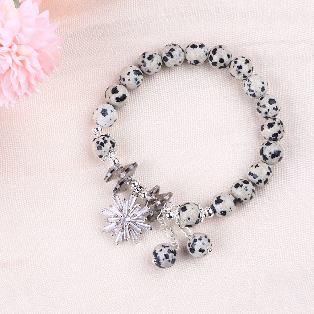 Custom Gemstone 8mm Round Dalamation Jasper With Snowflake Charm Bead Bracelet For Gift Giving