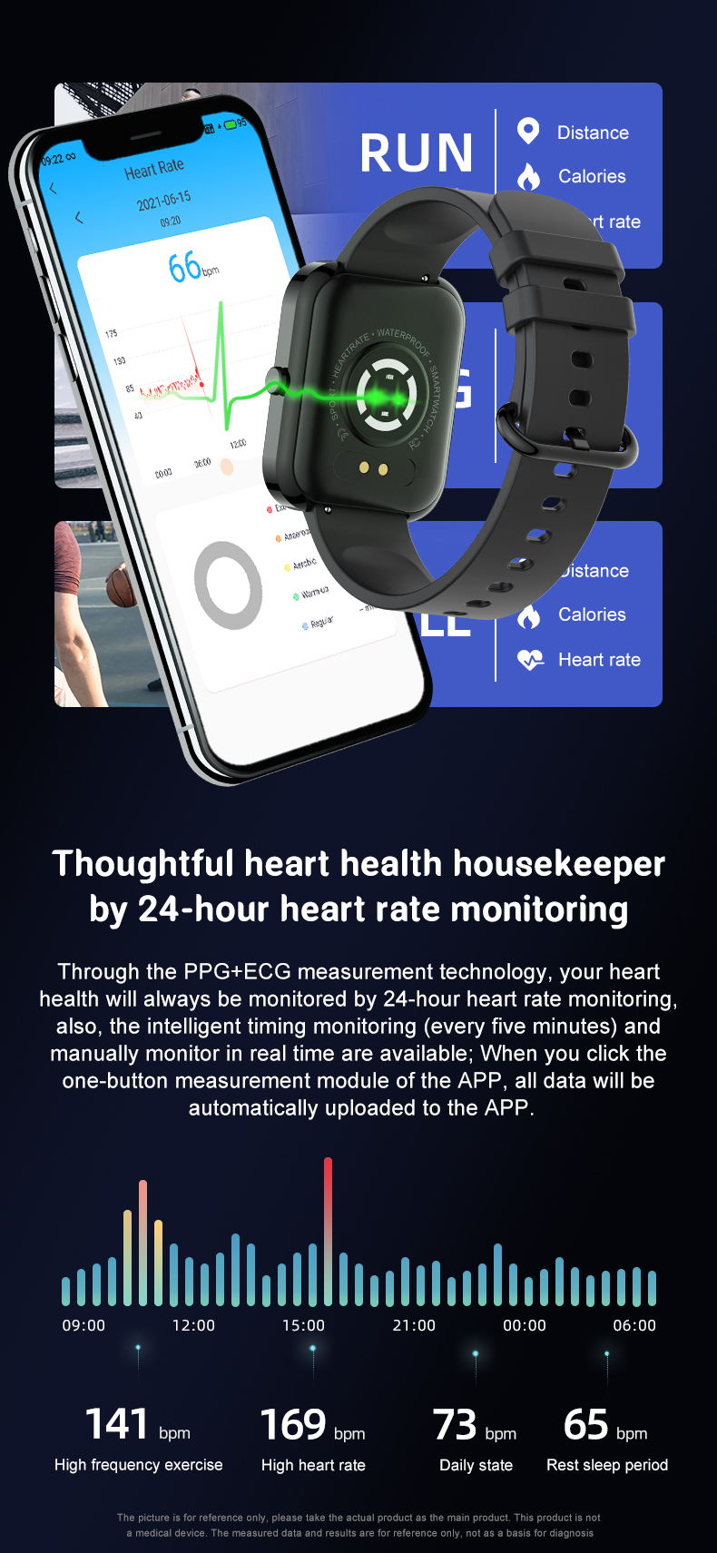 1.69inches Square Smart Watch Alarm Clock Reminder Music Control