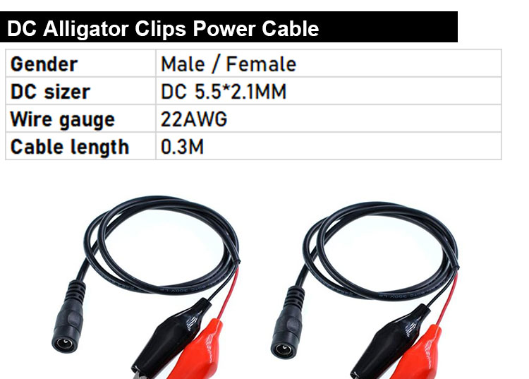 30cm DC 5.5x2.1mm Male Female to Dual Alligator Clips Power Supply DC Cable