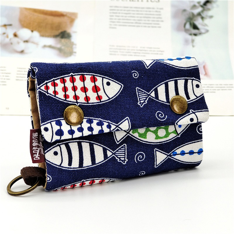 None Pattern Type Denim Canvas Wallet Creative Tri-Fold Design for Keys and Cards