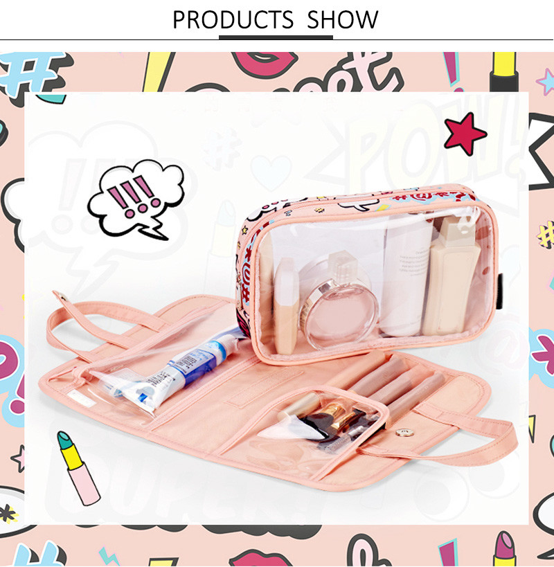 Pink Cute Full Cartoon Pattern Polyester Cosmetic Toiletry Bag