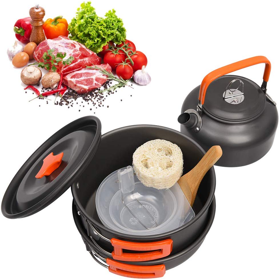 Stainless Steel Outdoor Cooking Set Rolled Edge Camping Cookware For 1-2 P