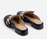 JBSL19 BLACK Womens Soft Bottom Slippers Smooth Leather With Big Chain