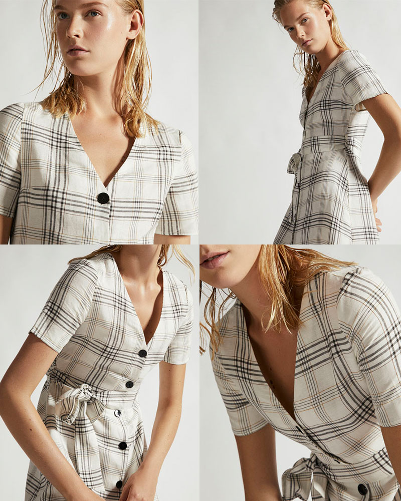 Summer Clothing Women V Neck Midi Checked Linen Dress