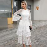 High Neck Ladies Lace Dresses Balloon Long Sleeve Lace Up Dress With Elastic