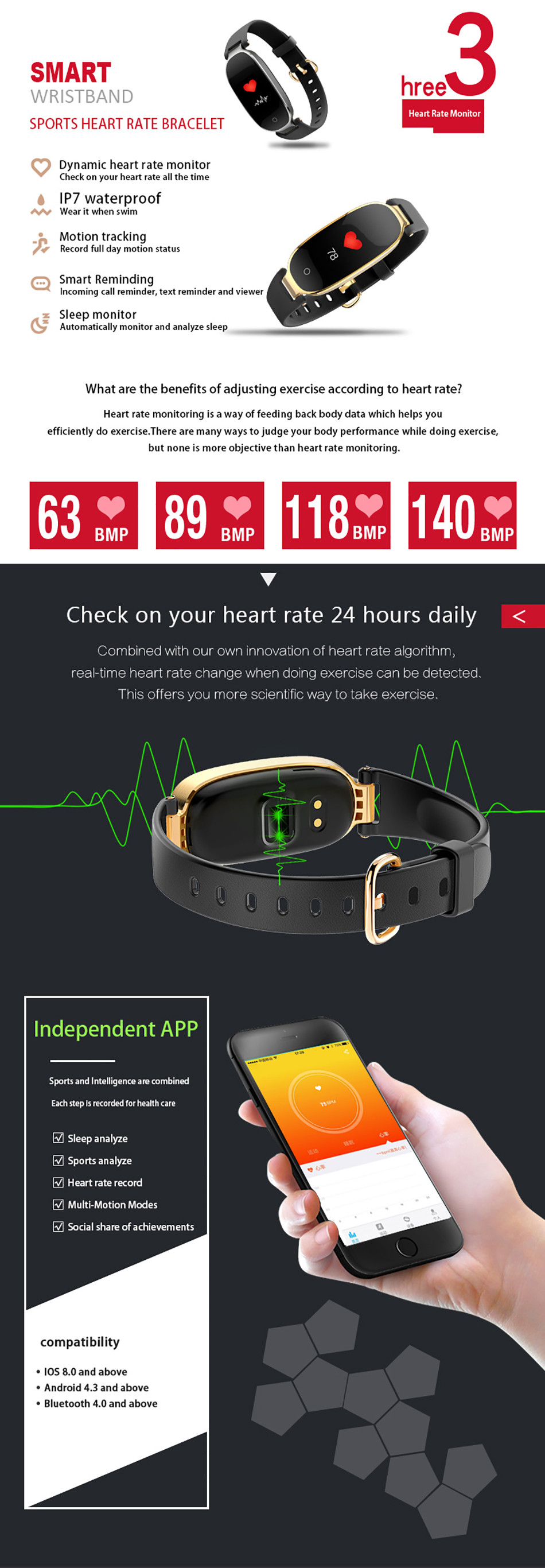 0.96 Inch Smart Bluetooth Bracelet , 10days Android Sports Watch
