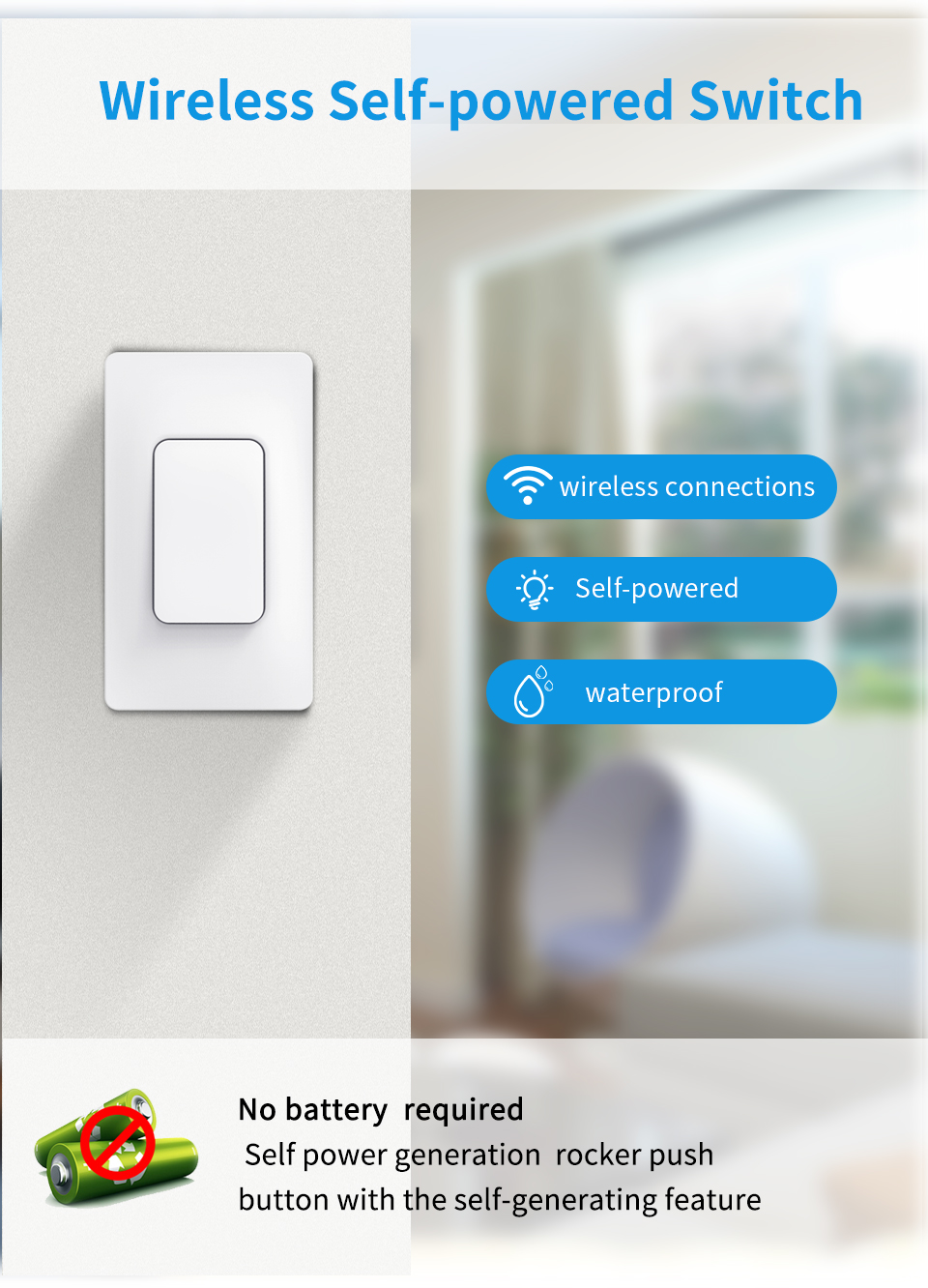 433Mhz Self Powered Wireless Switch Remote Light Switch Waterproof Wall Panel