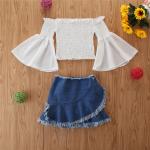 110cm Trumpet Sleeve Shirt Children'S Outfit Sets Denim Skirt With Tassels OEM