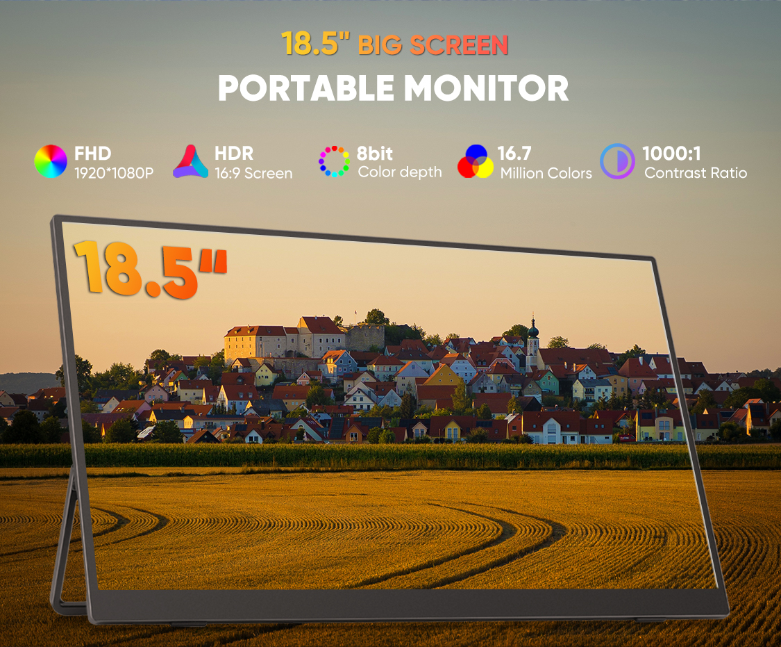 Large Portable Monitor 18.5 inch 1080P FHD USB-C with Kickstand for Gaming Laptop Xbox PS4/5