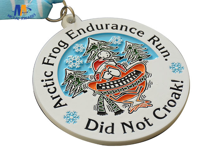 Frog And Snow Relief Custom Race Medals Spray White With Sublimated Ribbon