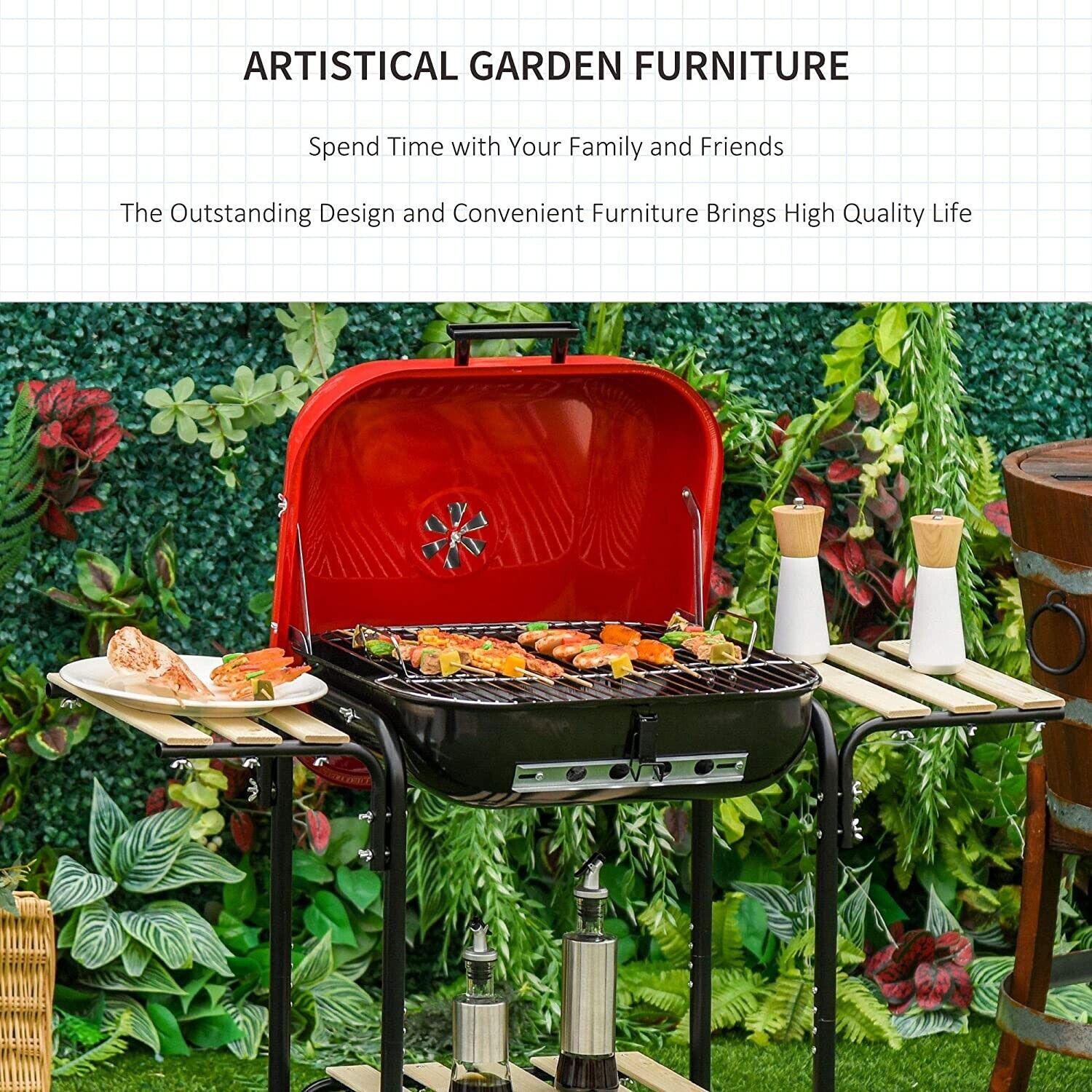 Outdoor Camping 18in Portable Charcoal Grill With Two Side Tables and Wheels Rectangular