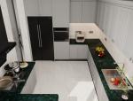 Timeless Stainless Steel Kitchen Cabinet With Dark Green Quartz Countertop And