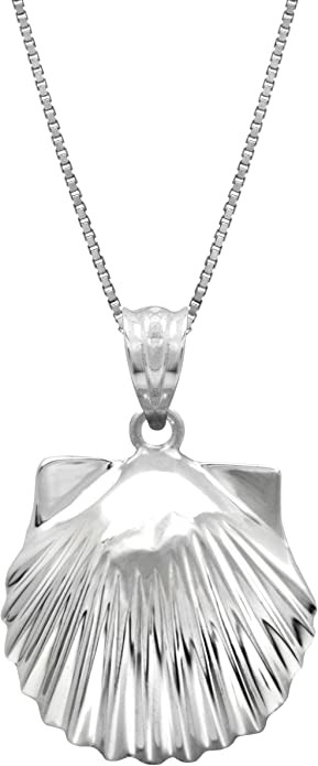 Sterling Silver High Polished Seashell Necklace Pendant with 18" Box Chain
