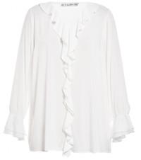 White / Black Color Fashion Ladies Blouse With Flounce In Front Placket And