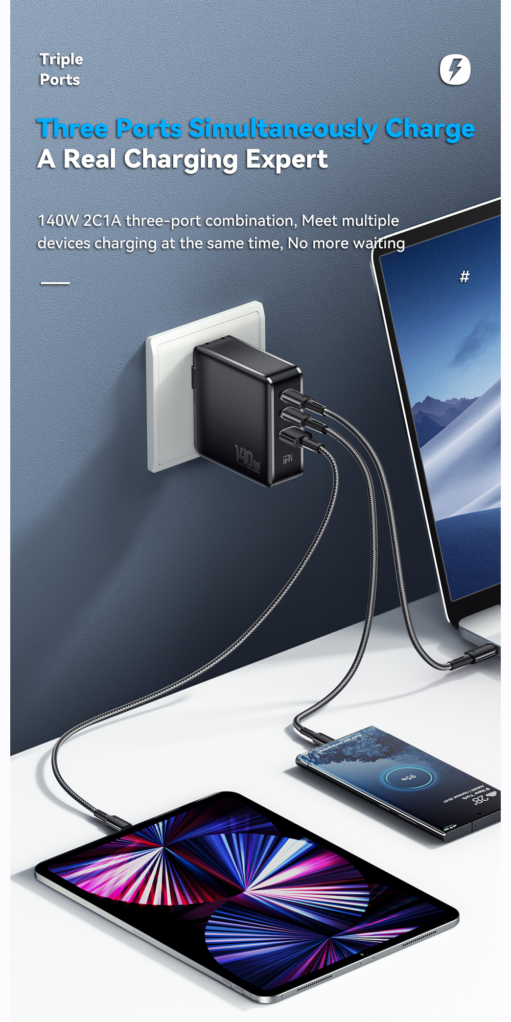 Dual USB 2 Ports Travel 140w GaN Chargers Quick Charging Phone Accessories