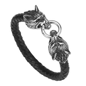 Wholesale Hot Sales PU Leather Stainless Steel Double Wolf Heads Bracelet from china suppliers