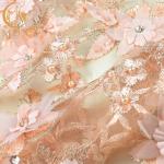 French 3D Flower Lace Fabric Beaded Handmade 1 Yard Pink Lace Cloth
