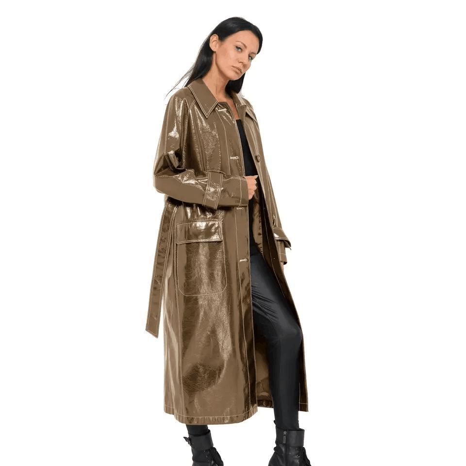 Wine Red Trench Women&prime;s Slim Motorcycle PU Leather Coat Long Slim with Belt Women&prime;s Leather Trench Coats