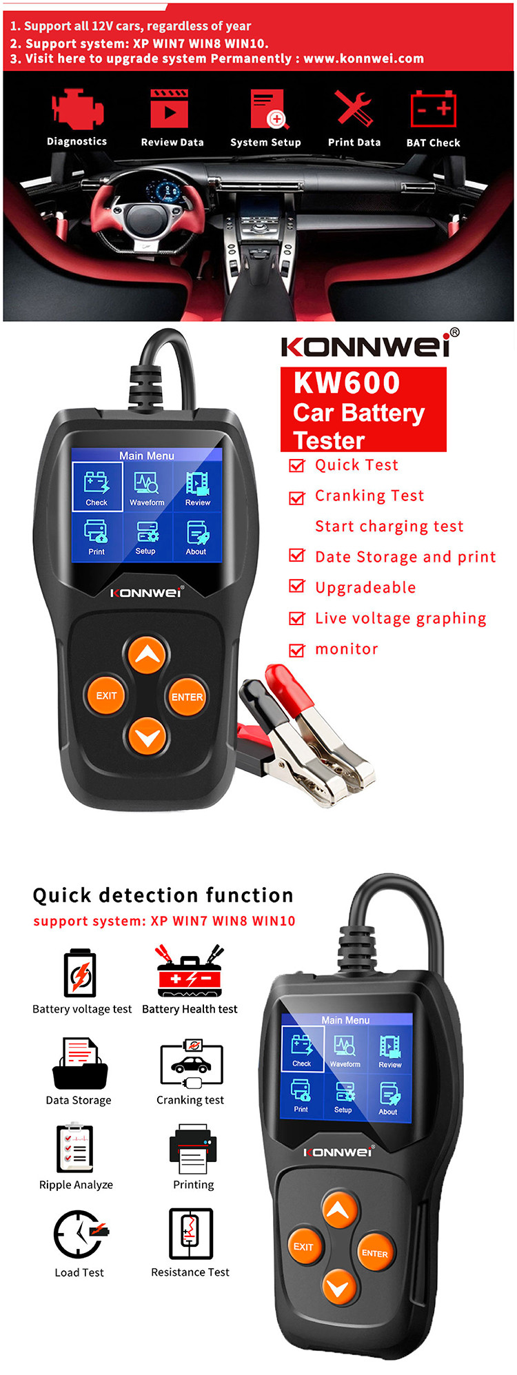 TFT Colorful Screen Auto Car Diagnostic Scanner KW600 With Data Printing Function