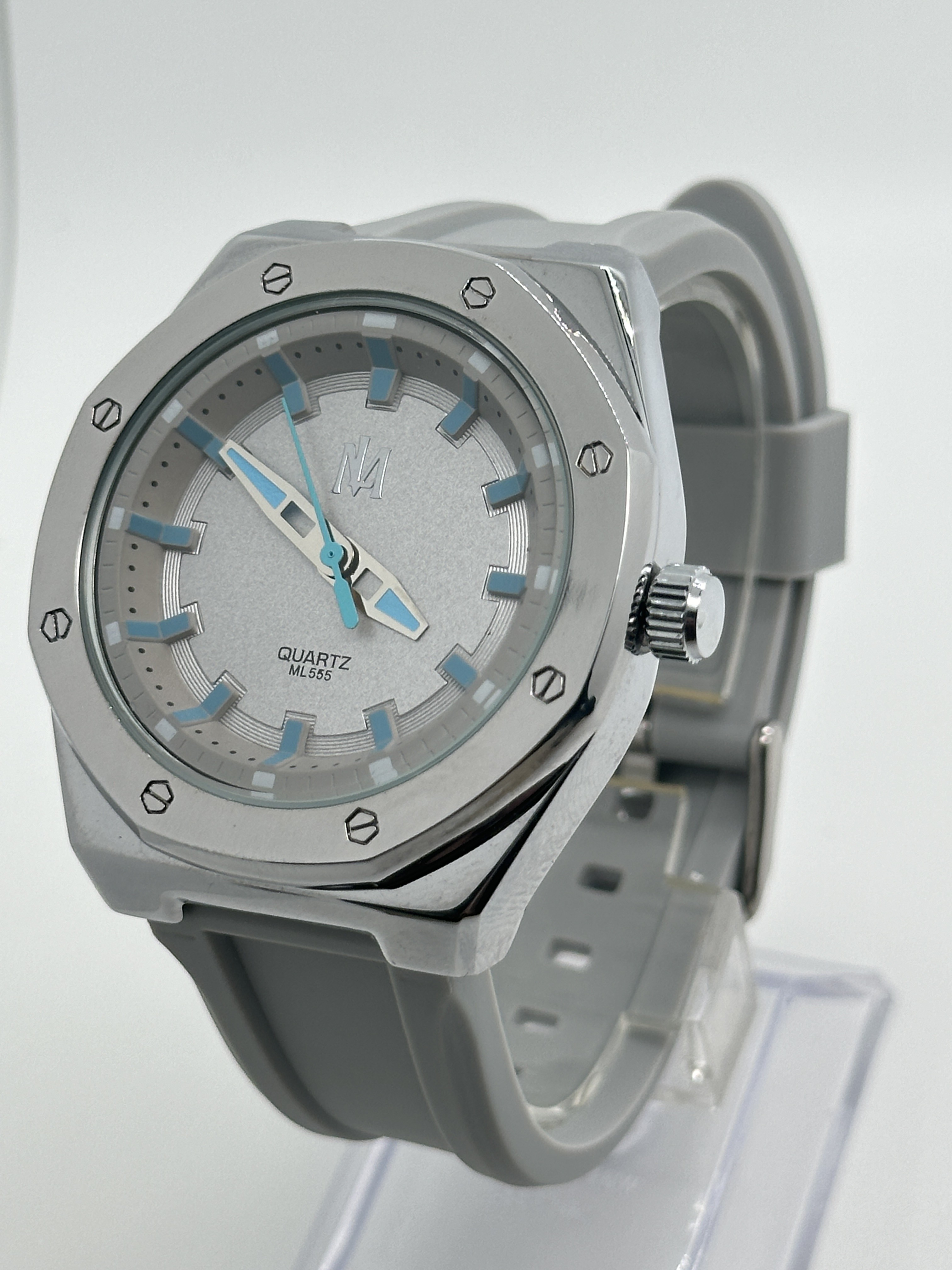 White Dial Analog Silicon Strap Watch With Fluorescent Hands Blue Buckle