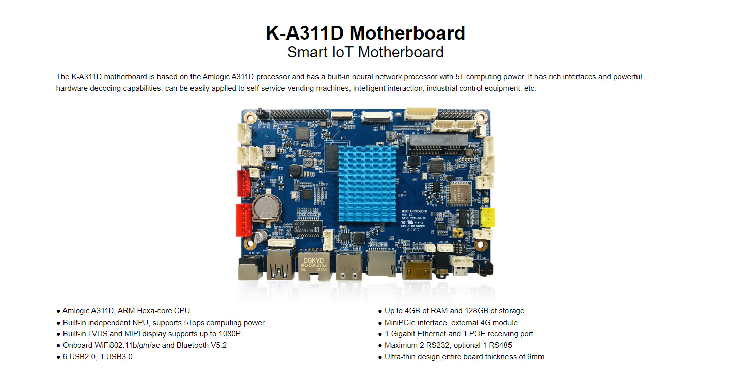 Smart IoT K-A311D Motherboard with 5T computing power 4GB of RAM and 128GB of storage