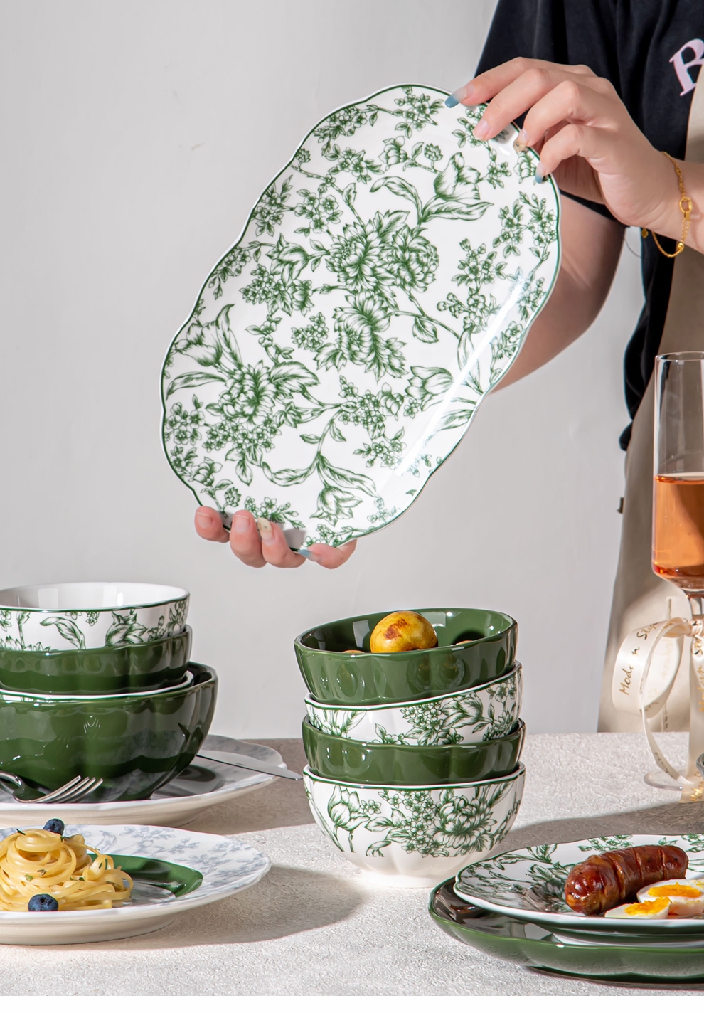 Green Floral Ceramic Diner Set Plate Under Glazed Technique Christmas Gift For Women