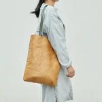 Brown Tyvek Paper Washable Tote Bags Sustainable Bio Degradable With Leather