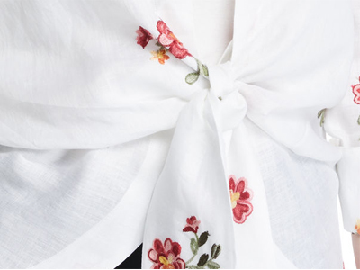Embroidered Tie-Front Plus Size Korean Fashion Design Linen Women Blouse Ladies