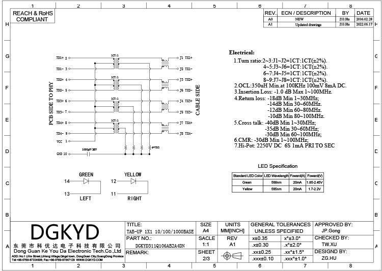 DGKYD311Q106AB2A4DN RJ45 Network Interface TAB UP Modular Jack Single Port PCB Interface Illuminated Shield