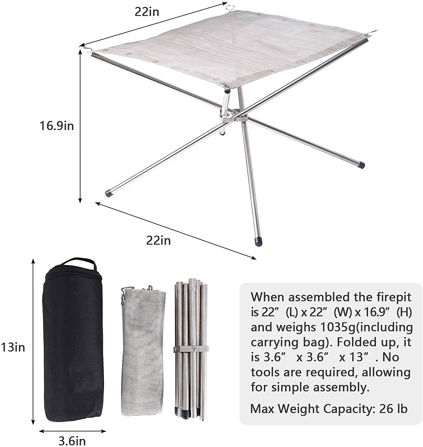 Tabletop Bio Fire Pit Collapsing Steel Mesh Fireplace for Camping Backyard and Garden