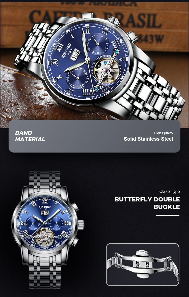 KINYUED Distinctive Style China Automatic Movement Watches Water Resistant Stainless Steel Strap Wristwatches