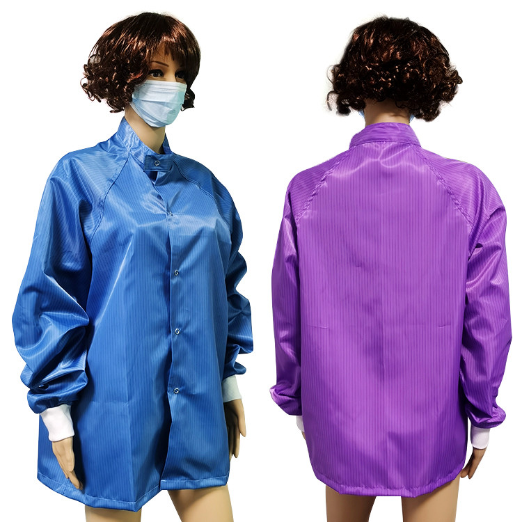 Cleanroom Working Round Neck Purple ESD Jacket 5mm Stripe 99% Polyester
