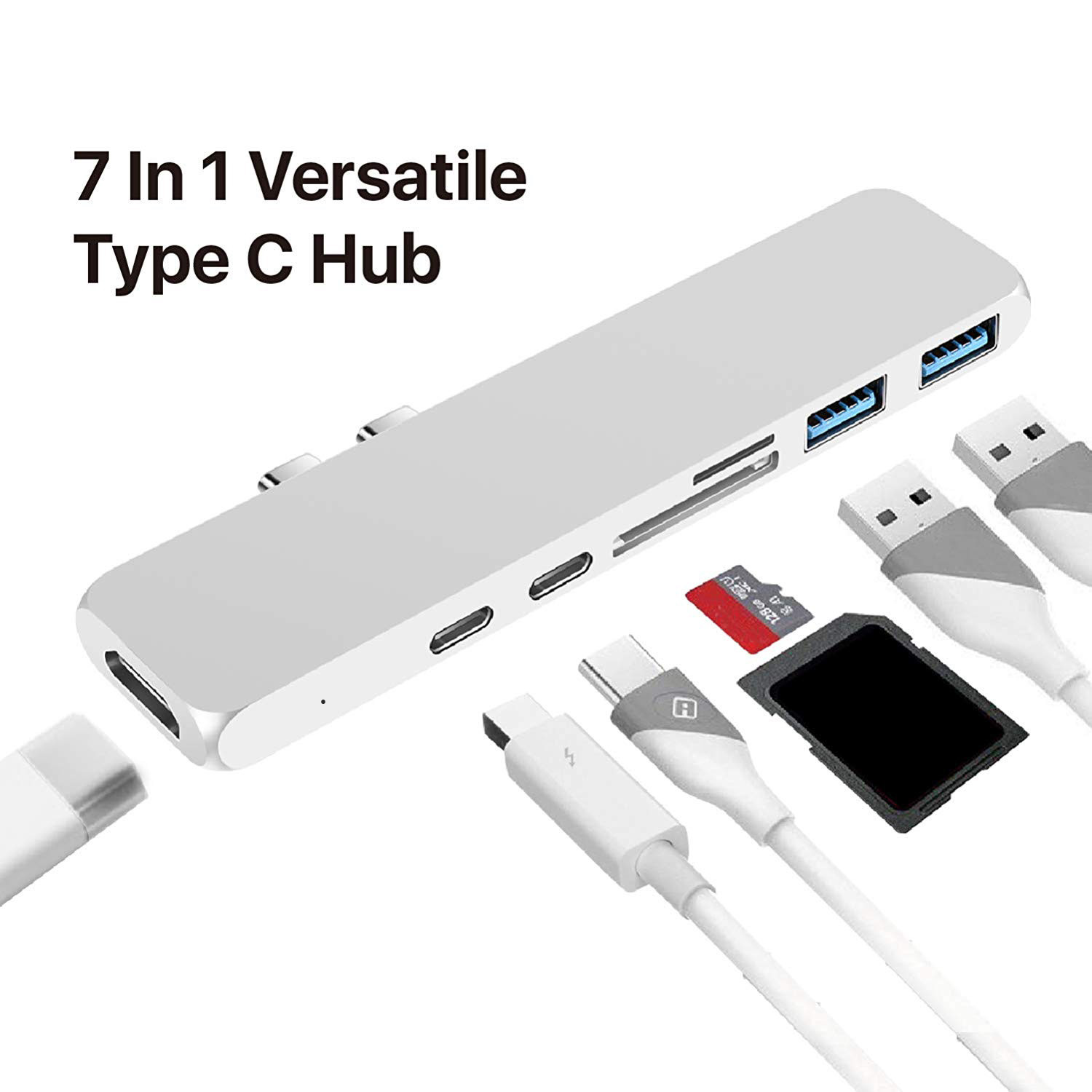7-in-1 USB C Hub for MacBook Pro PC w USB-C Port USB-C 40Mbps100W Power Delivery USBC 5Gbps Data 4K TF/SD card read
