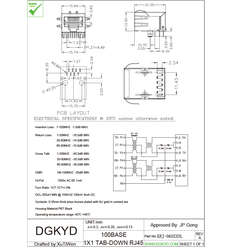 Standard cat 5 RJ45 ethernet connector with magnetic transformer customized