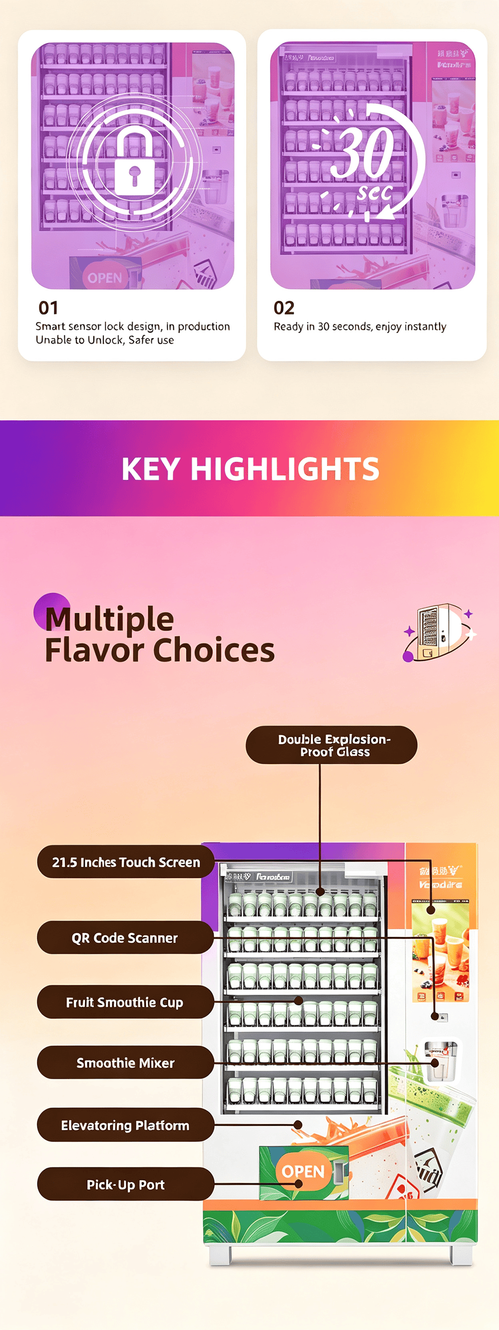 Commercial Fresh Smoothie Vending Machine with Refrigerated Storage, Automatic Cup Mixing System, Intelligent Elevator Pickup Platform, Remote