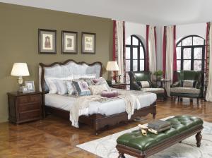 Wholesale American Western design style Villa Bedroom furniture Fabric Headboard Screen Wood Bed with Leather Bench and Armchair from china suppliers