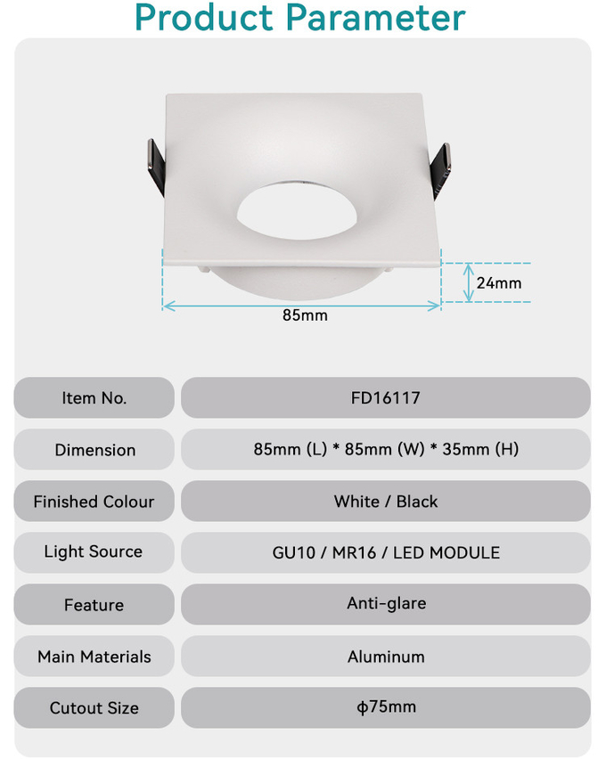 MR16 Recessed Spotlight Ø75mm Deep Anti-glare For Commercial