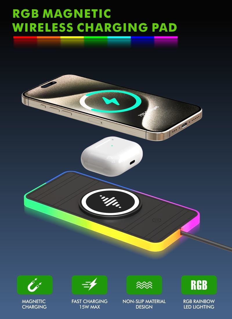 Magnetic Wireless Car Charger with RGB LED Light Charging for Qi Phones and Earbuds - 15W Power