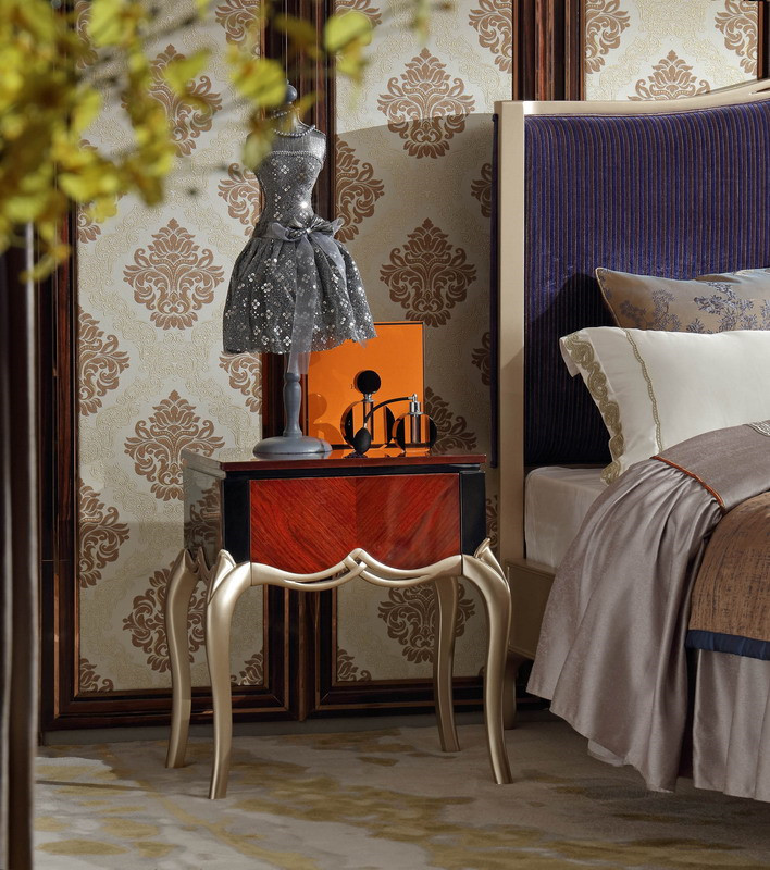 New Classic design of Luxury house furniture Fabric Queen size Bed by Golden painting Headboard with Special tables