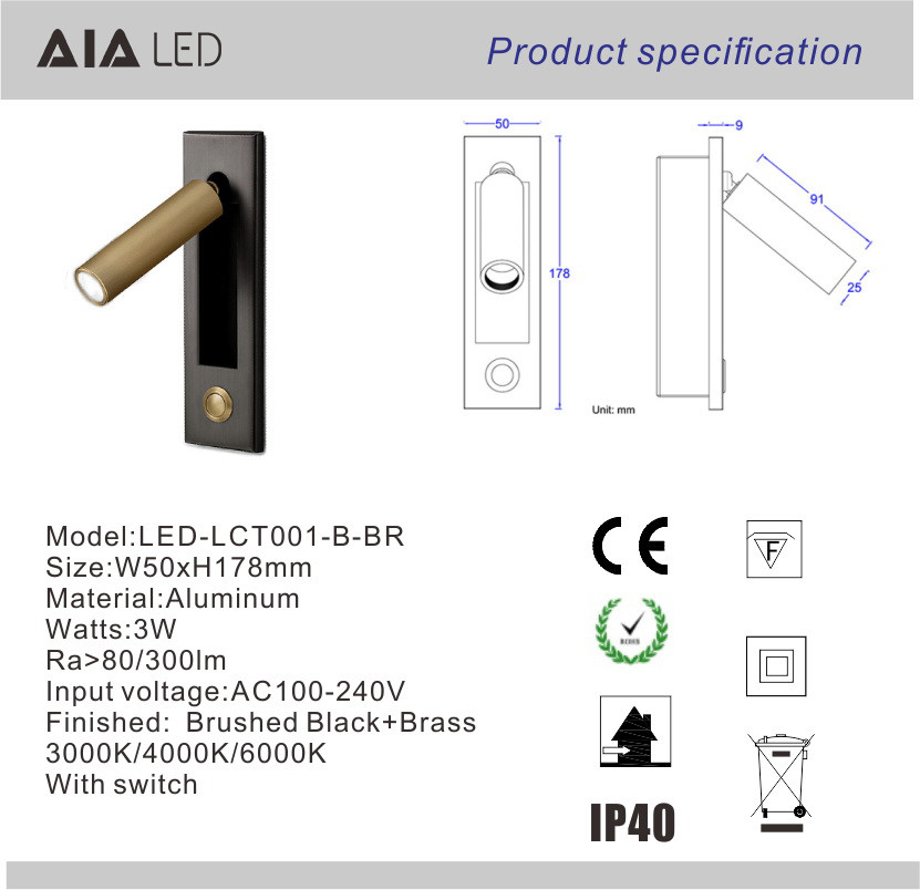 Contemporary embedded mounted Gold Brushed led wall lamps 3W led wall light led reading bedside wall light