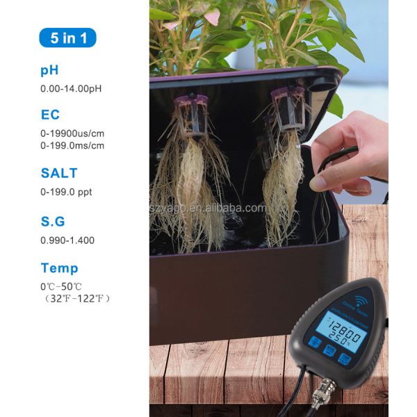 5 in 1 Digital PH Meter with 0.00-14.00pH Range and 0-19900US/CM EC Range Water Quality Tester