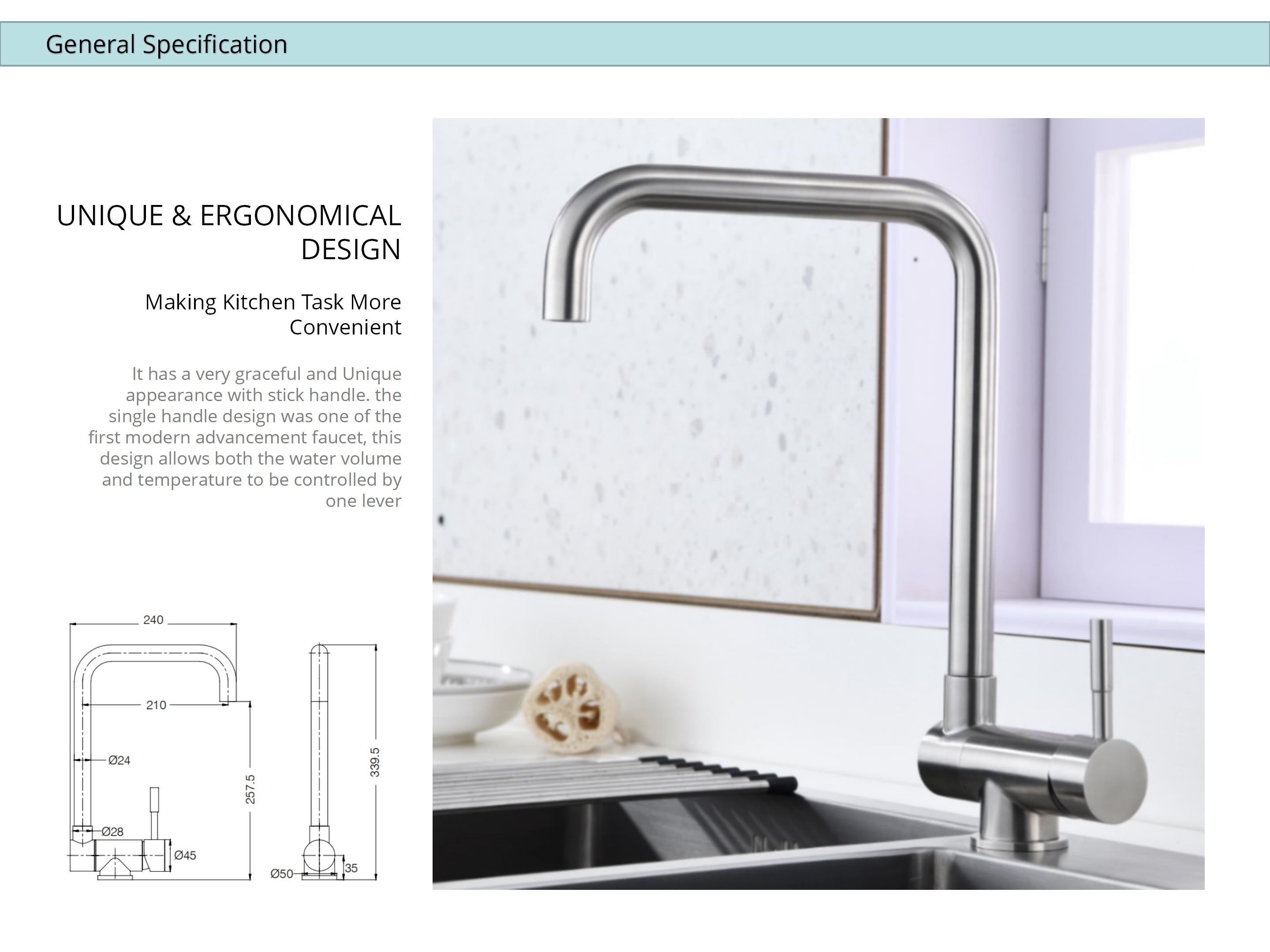 Angled Spout Kitchen Basin Taps 18/10 Stainless Steel Hidden Kitchen Faucet