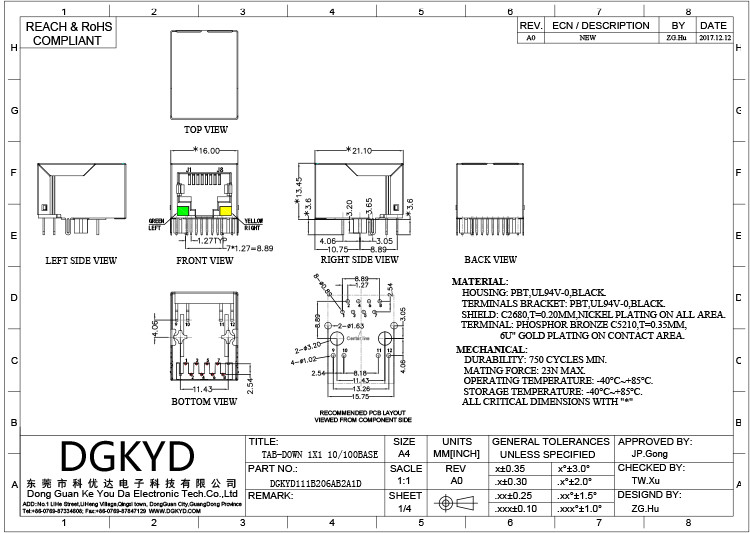 DGKYD111B206AB2A1D RJ45 Connector 100M Horizontal 90 Degrees Straight Plug With Light And Shield