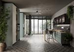 Mint Green stylish PET Kitchen Cabinets Fitted With Wood Dining Table